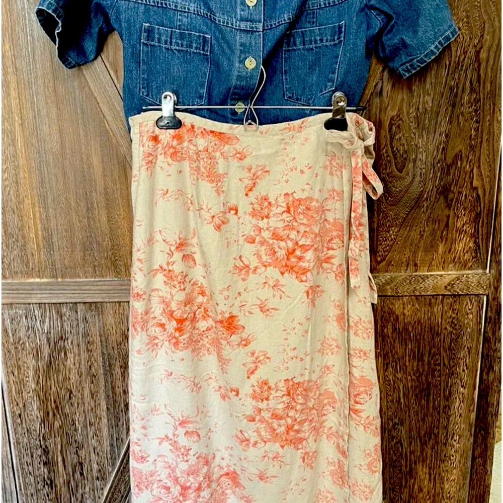 Denim & Co Linen Coral Floral Wrap Skirt 2pc Set Sz M NEW!